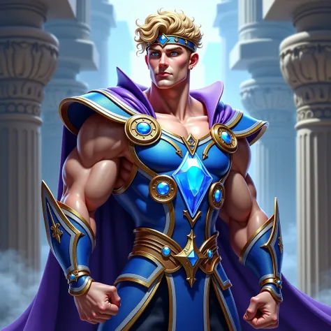 Make an full body photorealistic character of the hero. incredibly handsome and extremely muscular body builder with narrow waist and big muscular legs and big well rounded buttocks. Wearing small crown band. Short blond curly haired trimmed real short on ...