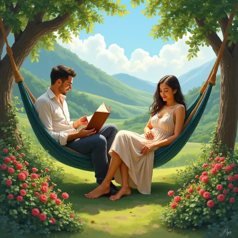 A man reading a book in a hammock while his wife gardens nearby. It's a peaceful, natural backdrop—oil painting style.