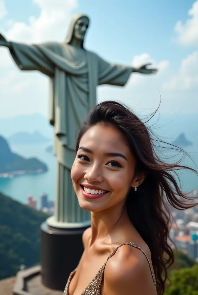 a brunette woman with a model's body, Indian features, blue eyes, her smile is wonderful. She is in front of Christ the Redeemer in Rio de Janeiro