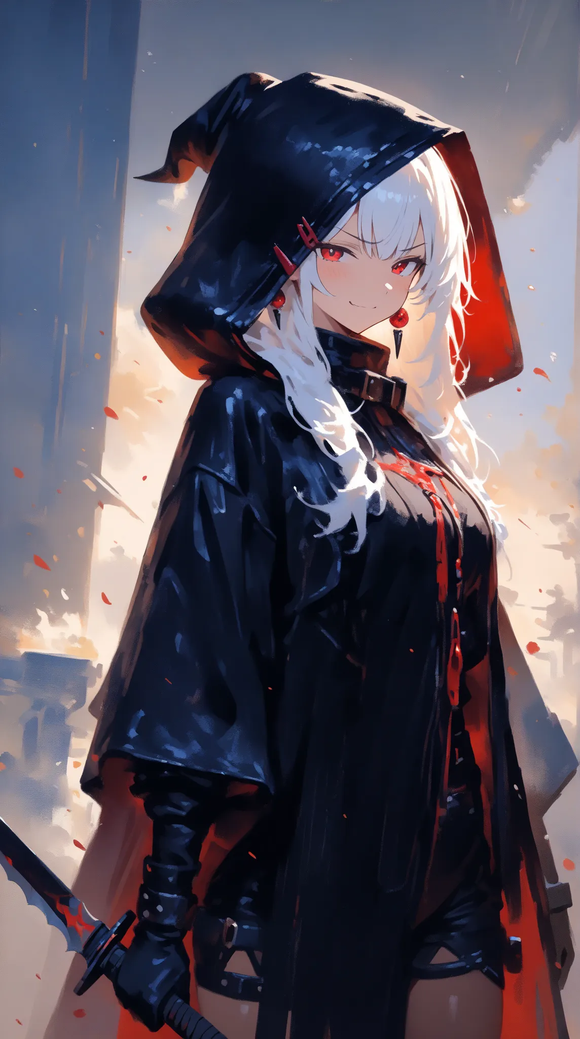 hood up, (black-hood), , cool, (long-white-hair), (black-clothes), red hairpin, black gloves Red eyes, distinct line, 8k, wield knife, (two black-knife), scowl at, return blood, dusky blood, Cowboy Shot, depth of field, Traditional Imitation Media, painter...