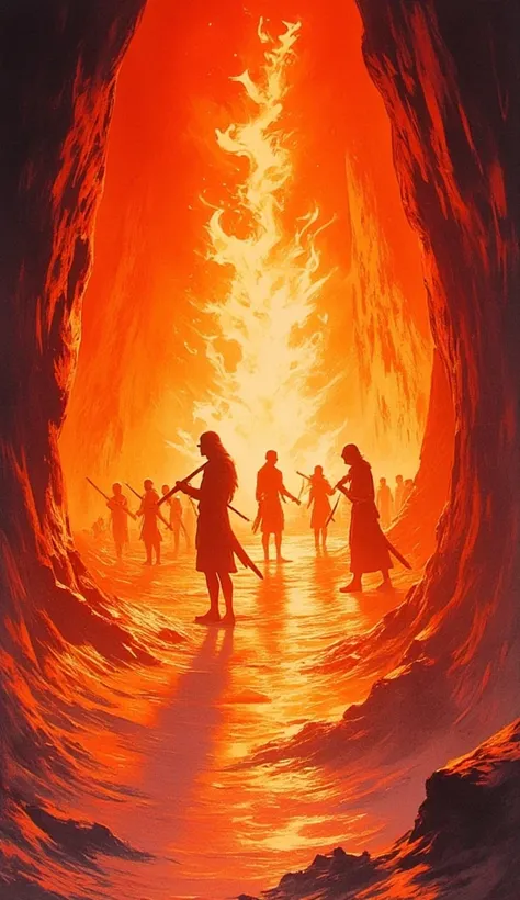 A surreal watercolor blend of orange, red, and gold, depicting a flickering fire casting long, distorted shadows on a cave wall. The figures holding objects are barely visible, blending into the chaotic colors of the flames.