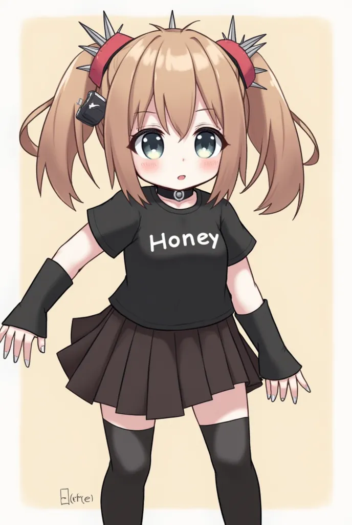 Anime femenina, light brown hair with two tails, Headless Roblox Headles Head with Eyelashes, some black lenses on the head, A hearing aid with spikes, a black collar a short black shirt that says "Honey" Some black arm warmers, a short black skirt, Korean...