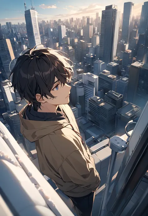 A stylish young Japanese man with soft yet expressive features, resembling Tatsuya Fukazawa from Snow Man, standing on the rooftop of a skyscraper in Tokyo. He gazes up at the vast blue sky with a deeply emotional and contemplative expression, his slightly...