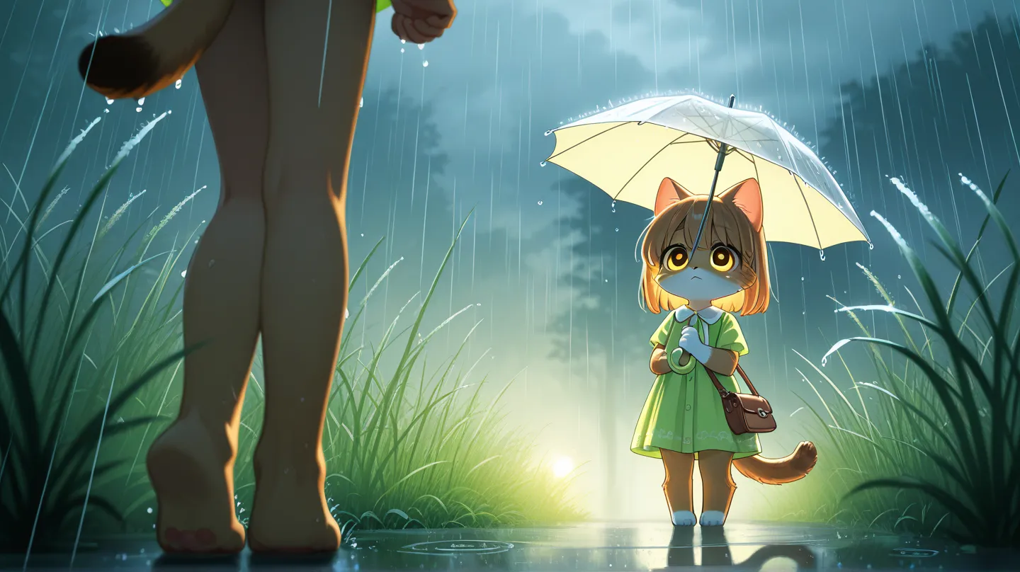 TOP QUALITY、Greatest Masterpiece、8k、The cutest brown tiger kitten in the world holding an umbrella、Dancing in the Rain、Prairie Where It Rains、 cinematic lighting、Movie１scene、Sunlight shining in the rain