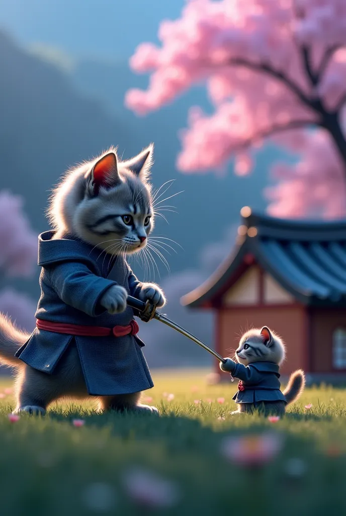 A gray kitten on a grassy field, wearing a samurai outfit , he holds a samurai sword firmly in his hands in an attack position fighting with determination against his opponent,his eyes show determination and honor. The opponent is a cat identical to him, w...