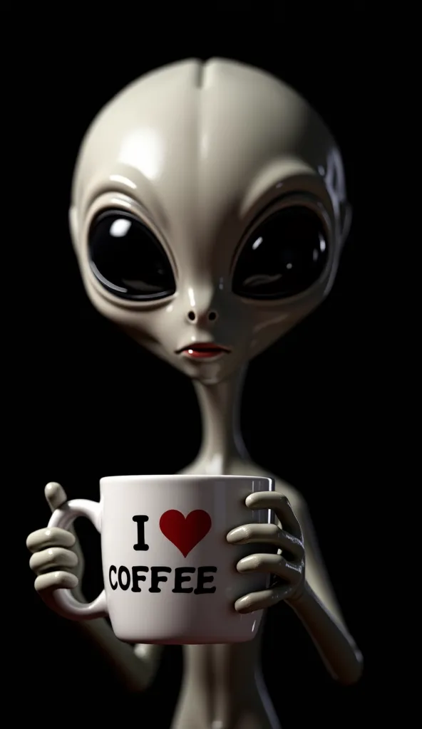 INCITE:*A hyper-realist A hyper-realistic alien with big black eyes and a thin, elongated body, holding a coffee mug that reads "I ❤️ COFFEE". The alien has a calm and mysterious expression, as if enjoying your beverage.  The background is completely black...