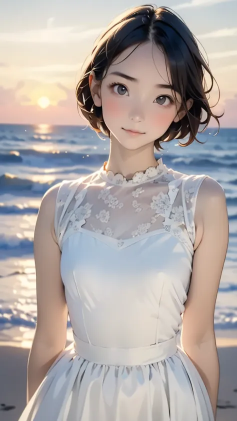 one girl, (18 years old:1.4),(Very Young Face:1.8), (japan Person famous idol), face, cute face, ash gray hair:1.5, bob hair, short hair, camera's line of sight, small breasts, An ennui look, (dress:1.4) , particles of light, sea of ​​sunset, calm sea, whi...