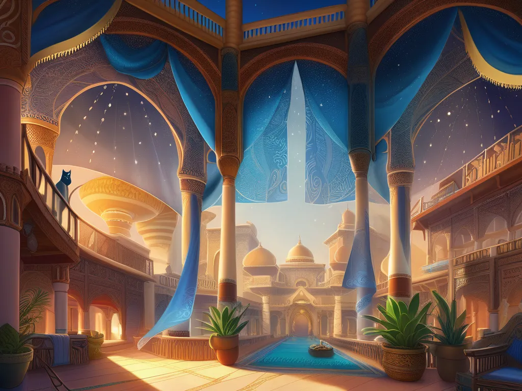 ((masterpiece, best quality, ultra detailed)), ((furry, anthro)), ((cat)). A bustling desert marketplace with diverse cat merchants trading goods, with white and blue tents and banners. Indian/Arabian inspired architecture and clothing, a sense of vibrant ...