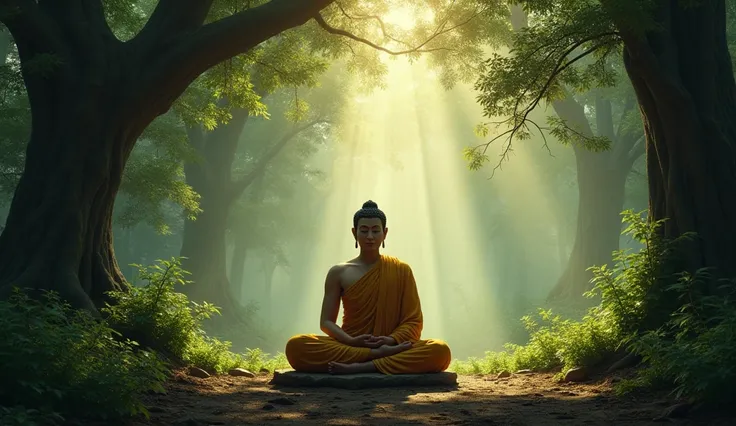 Deep within a serene, ancient forest near Benares, a calm, silent Buddha in traditional Thai robes sits in deep meditation. Soft, dappled sunlight filters through dense trees, creating an atmosphere of peace and timeless wisdom.