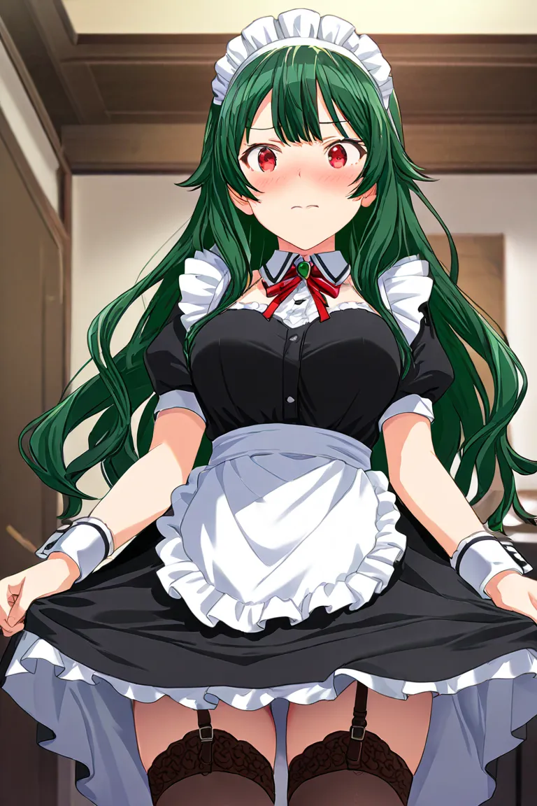 1 person、Full-body standing photo、human、hair bouncing sideways、Short Hair、Dark green hair、 red eyes、blush、Big Breasts、maid clothes、white apron、black garter belt、