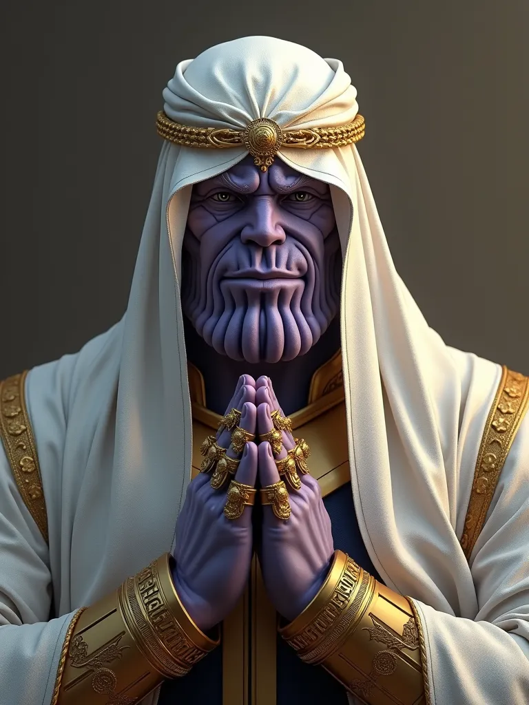 "Create an image of Thanos dressed in traditional Islamic attire, including a white taqiyah (prayer cap) and a keffiyeh-style scarf. He should have a respectful and serene expression, with his hands in a prayer position. Add gold rings and a luxurious gold...