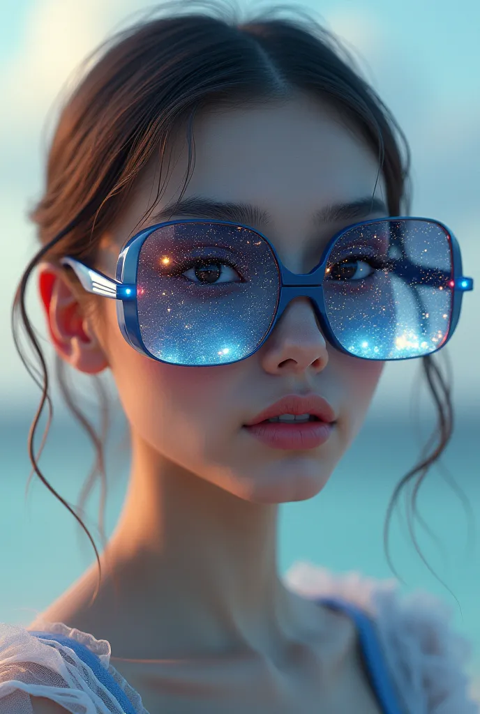 The model is wearing glass sunglasses with stars and the moon on the glass