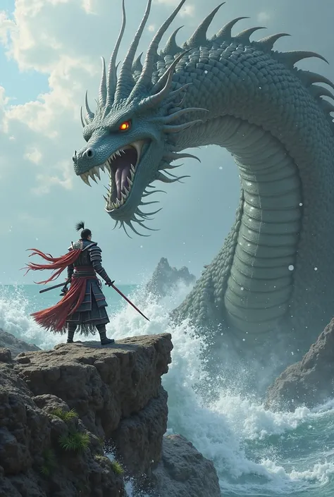 Samurai on a cliff fighting a sea dragon