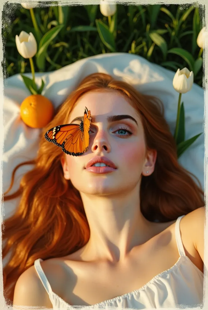 21 year old young woman, long and super straight ginger hair, green eyes, long white dress with straps, lying on the green grass on a white blanket, bright sunrise on her face, an orange juice on the blanket, with a big orange butterfly on her face, paloro...