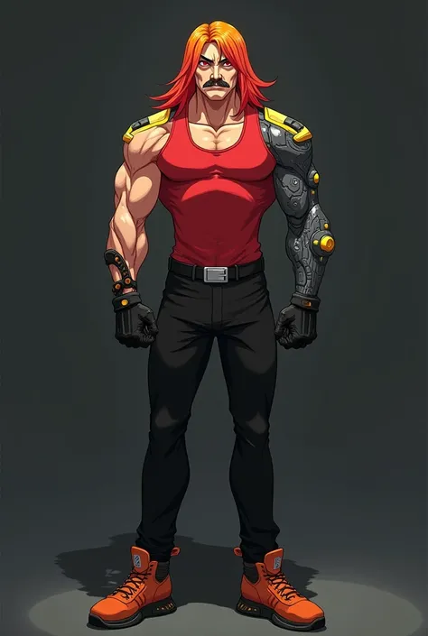 Anime style
Male
Man
Adult
52 years old
Phoenix Enigma, wears the following clothes: a red tank top with yellow details on the shoulders and a white line down the center, black pants, black gloves on both hands, and orange shoes with red details. His hair ...