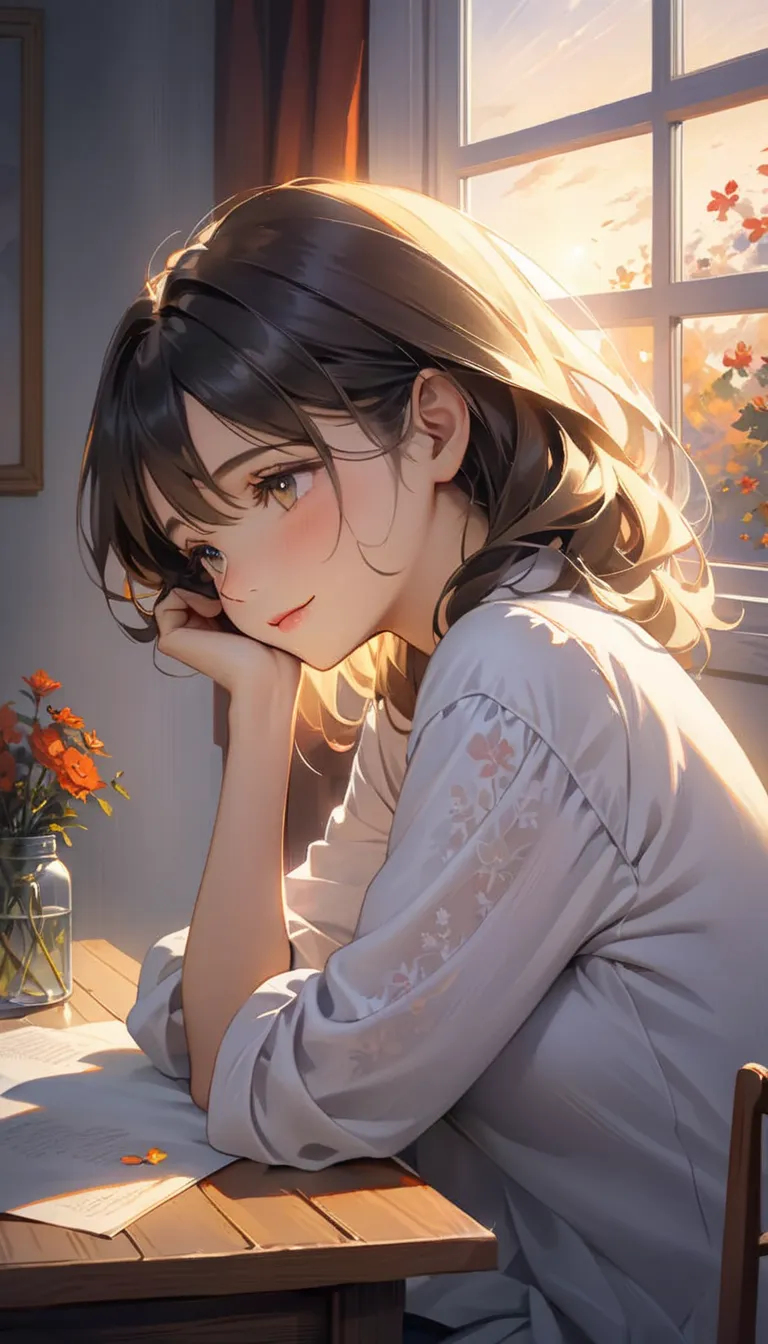 Create a detailed and emotionally expressive digital painting of a young woman lost in thought, subtly revealing her feelings for someone special. She is sitting by a window, resting her chin on her hand, her eyes filled with quiet longing and contemplatio...