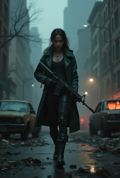 A New York street at night, with abandoned buildings, burned cars and a thick fog.  
Aya Brea, in combat pose,  holding a machine gun,  with determined expression . 