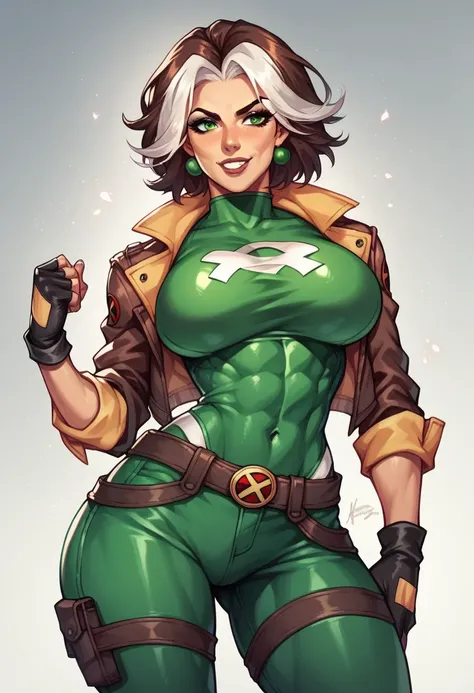 X-men rogue. Sexy, toned, big breasts, big ass, wearing yellow and green jumpsuit, brown jacket. White streak in her hair