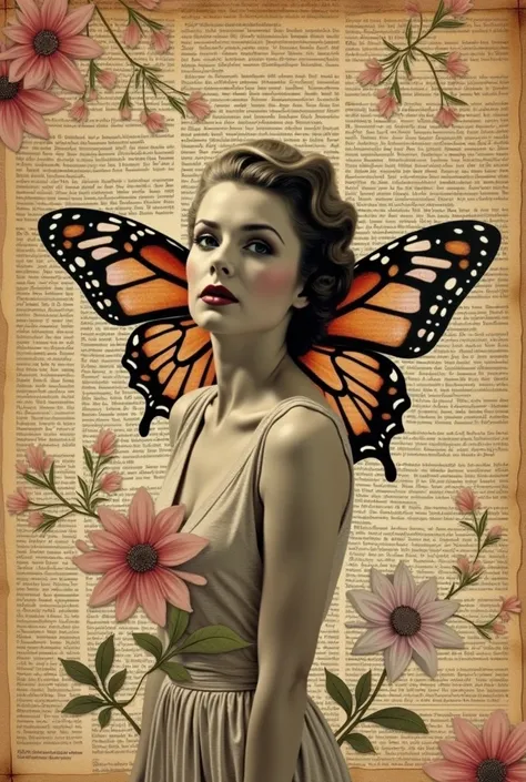 A6-sized vintage collage postcard blending old newspaper clippings, 1950s fashion magazine cutouts, and delicate floral motifs. The background has a textured aged-paper effect, with a surreal mix of elements—such as a classic Hollywood actress with butterf...