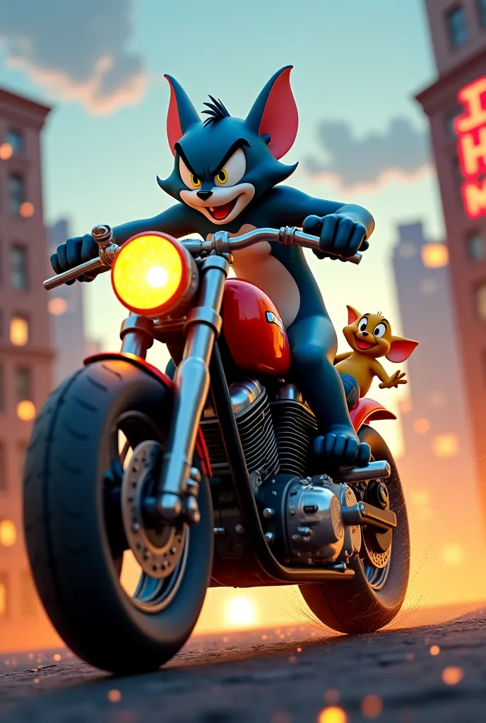 Tom jerry is driving a bobber motorcycle on the roof in the movie tom judda agrisiv kurinishi muscle should spread out that takes his beloved daughter behind should break out surral realni bulsin