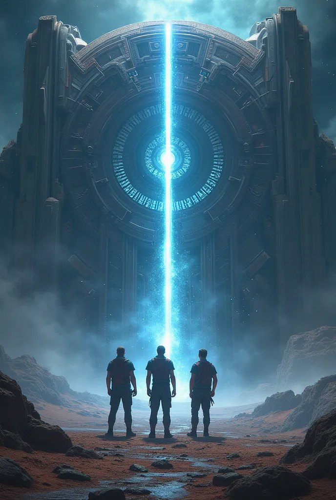 3 men going to a huge door representing their most difficult challenge in a galactic style