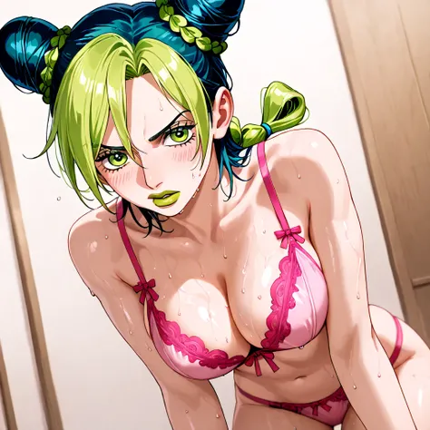 sexy pose, sexy pink lingerie, sweaty body,  perfect breasts , Kujo Jolyne.