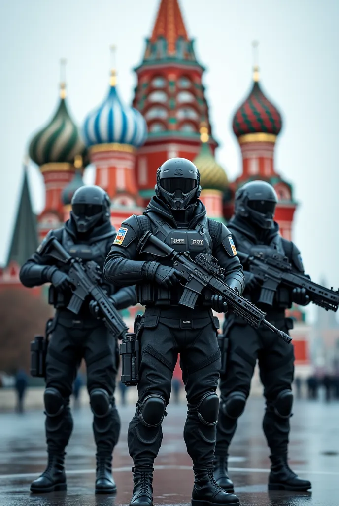 Armed future-oriented special squad that suits Russia, Made up of 3 different soldiers, And they all have a different weapon, stand in front of a well-known Russian building