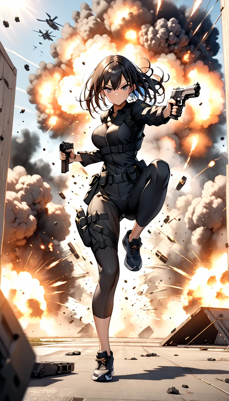 a woman in a black combat suit is posing in her landing pose, badass pose, landing on ground after big jump, one leg straight out to the side, the other leg bent, supported by one hand, the gun in other hand aiming to viewer, in background visible explosio...