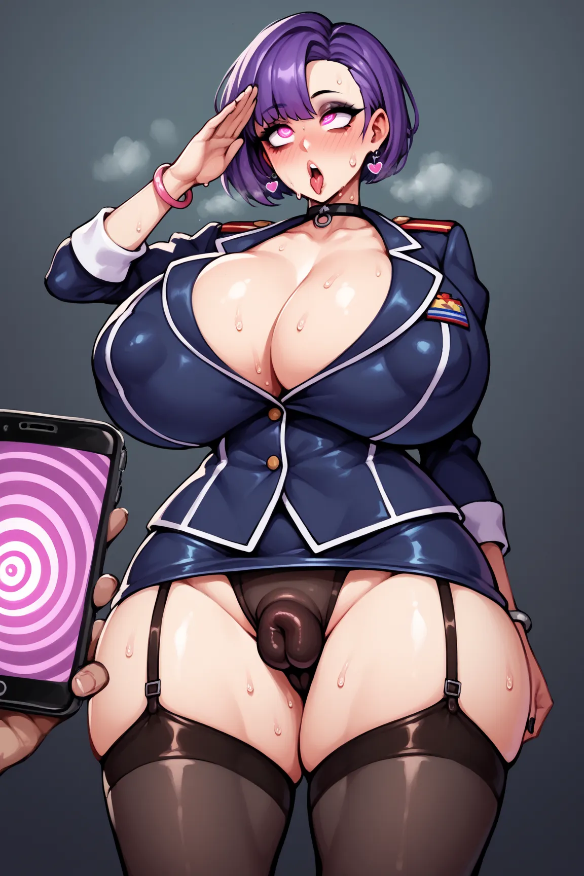 ultra-high resolution. 1girl. A is a goth girl. A is a girl with short hair, black hair, lo purple hair, pink glow eyes, brown eyes, empty eye, heart-shaped eyes, gigantic breasts, huge nipple, military uniform, black suit, {pencil skirt}, latex uniform, g...