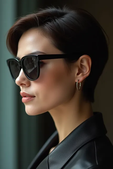 Woman of 35 years.  SHORT HAIR,  sunglasses. with sunglasses. profile 