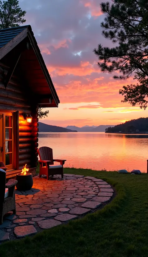 This image depicts a serene lakeside scene at sunset. The foreground features a cozy log cabin with a wicker chair and a lit fireplace, creating a warm and inviting atmosphere. The cabin is situated on a stone-paved patio that leads to a grassy area by the...