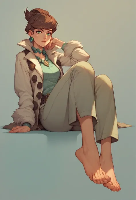 Professor Juniper, 1woman, brown hair, hair up, green eyes, earrings, shirt, pants, jacket, full body, feet, barefoot,