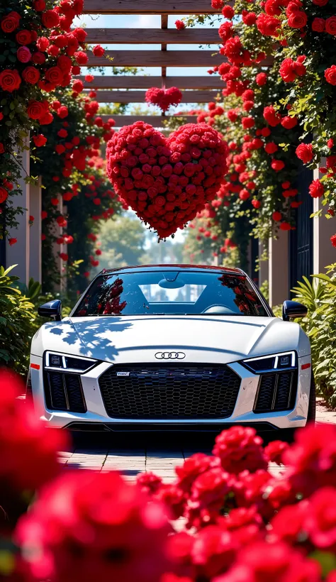 A white Audi sports car is positioned in the center-middle ground of the image, facing the camera. The car is surrounded by a dense cluster of vibrant red roses, which are in sharp focus in the foreground and slightly blurred in the mid-ground. The roses...