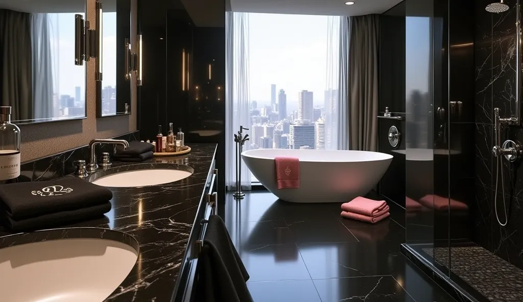 A sleek, modern bathroom with black marble countertops, polished chrome fixtures, and warm, recessed lighting. The centerpiece is a large freestanding bathtub positioned against a window with a panoramic city view, creating an atmosphere of quiet indulgenc...