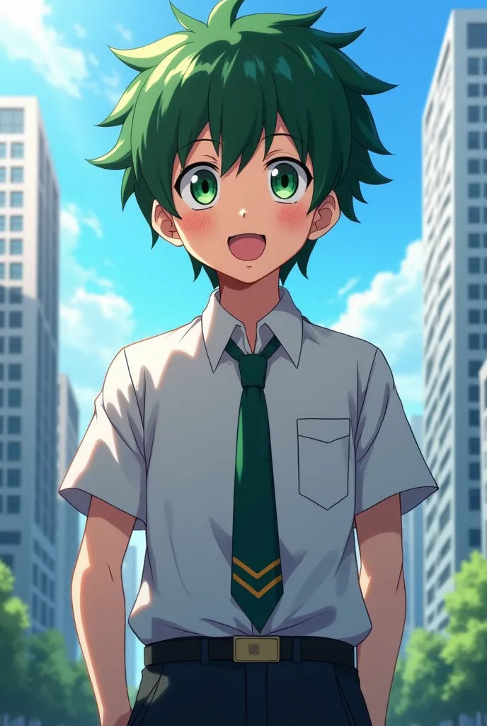 Izuku midoriya, age boy character, friendly face , emerald eyes, disheveled green hair, eager expression,  Upright standing pose , school uniform clothing,  city background , modern, high architecture, bright sunshine, 4K, ultra-detailed, realistic, photoR...