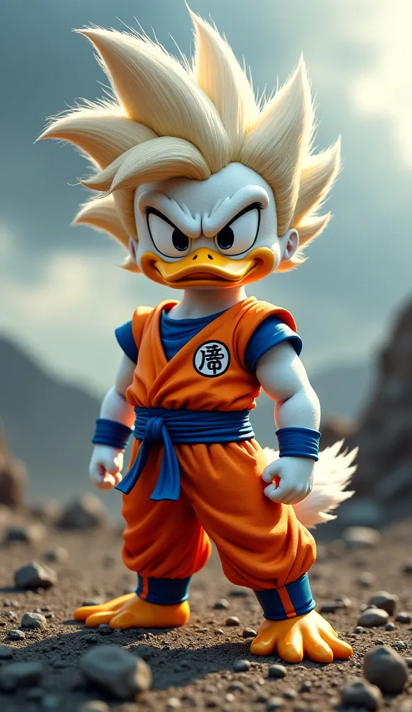 "A stunning and realistic fusion of Donald Duck and Goku, creating a powerful hybrid character that perfectly blends their features. This new entity retains Donald’s white feathers but gains a muscular build, resembling Goku’s physique. His head is a fusio...