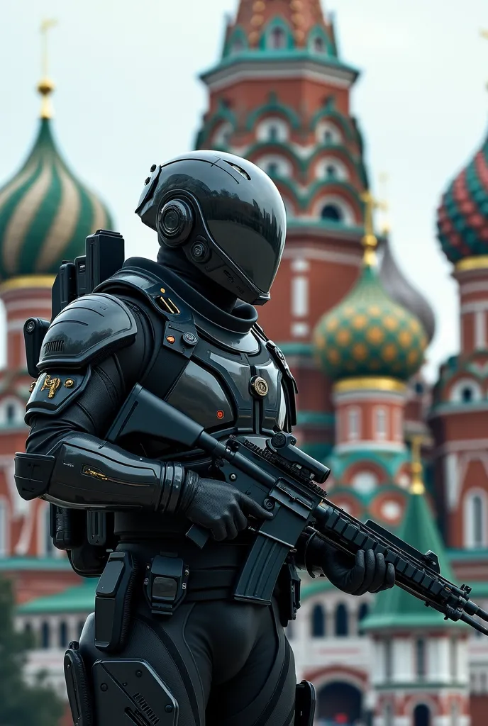 Armed futuristic soldier in front of a well-known Russian building