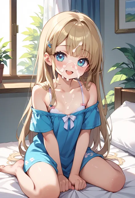 ((Highest quality)), ((masterpiece)), (be familiar with), perfect face, indoors, bedroom, watching viewers,
One woman,  Gamemun Neko ,
open mouth, facial cum, blush, smile,
 small tits, flat chest, Young girl,  lori,  ,  girl,
 long hair, long hair,
 open,