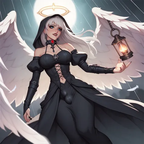 score_9,score_8_up,score_7_up, 1girl, futanari, cock, nuts, anime angel with lantern in hand in the rain, angel knight gothic girl, as a mystical Valkyrie, angel knight girl, gothic maiden anime girl, dark angel, the angel of death, angel of death, an ange...