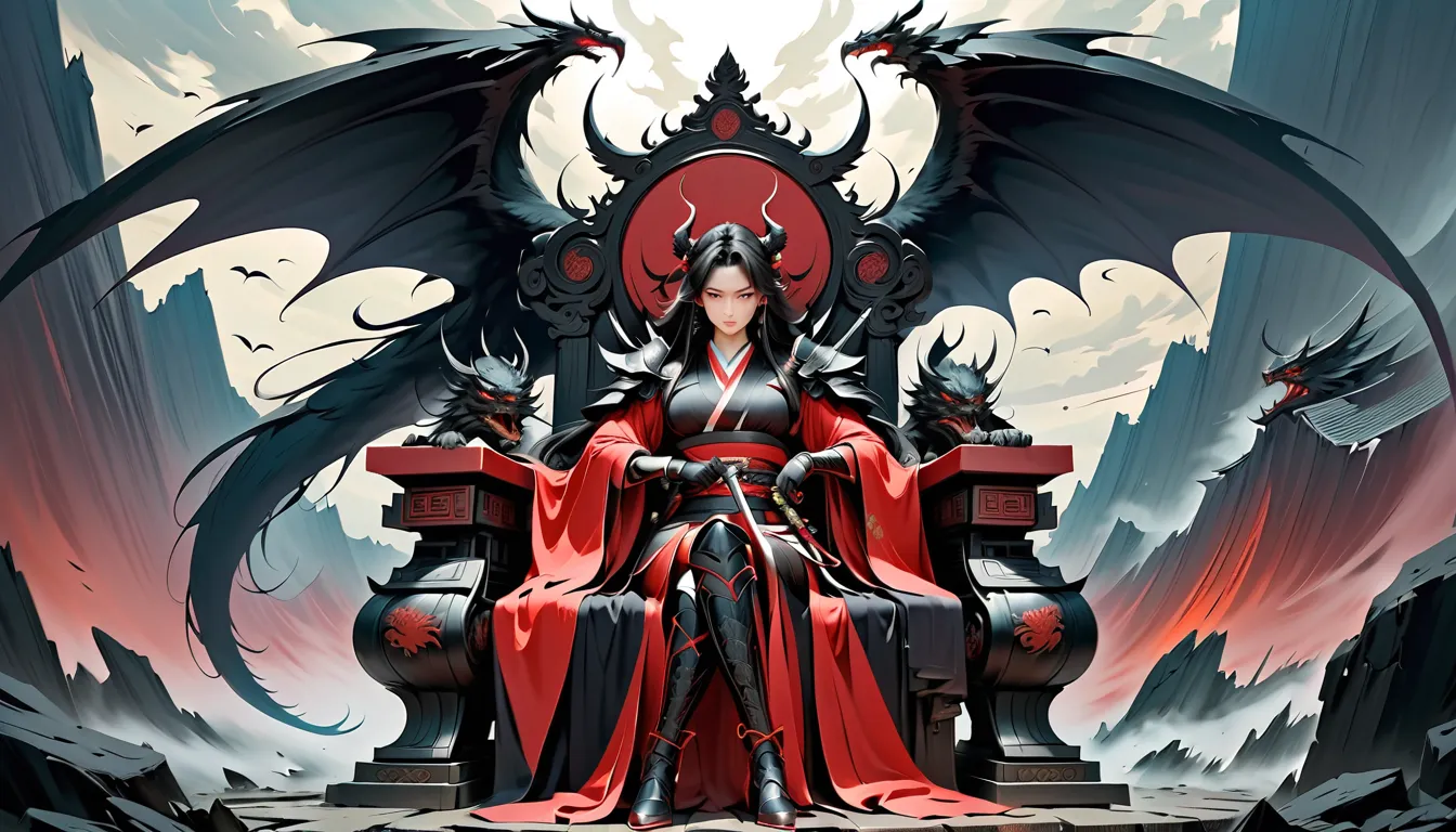 (masterpiece, ultra detailed,best quality,(((Ink Painting)))Create a dark and ominous fantasy scene featuring a powerful demon samurai girl with glowing red accents, sitting with an air of arrogance and superiority on an elaborate singhasana (throne). She ...