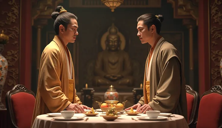 Inside a richly decorated dining room, the rich man stands respectfully as the Silent Buddha enters. The atmosphere is formal yet humble, with expressions conveying deep respect and quiet determination.