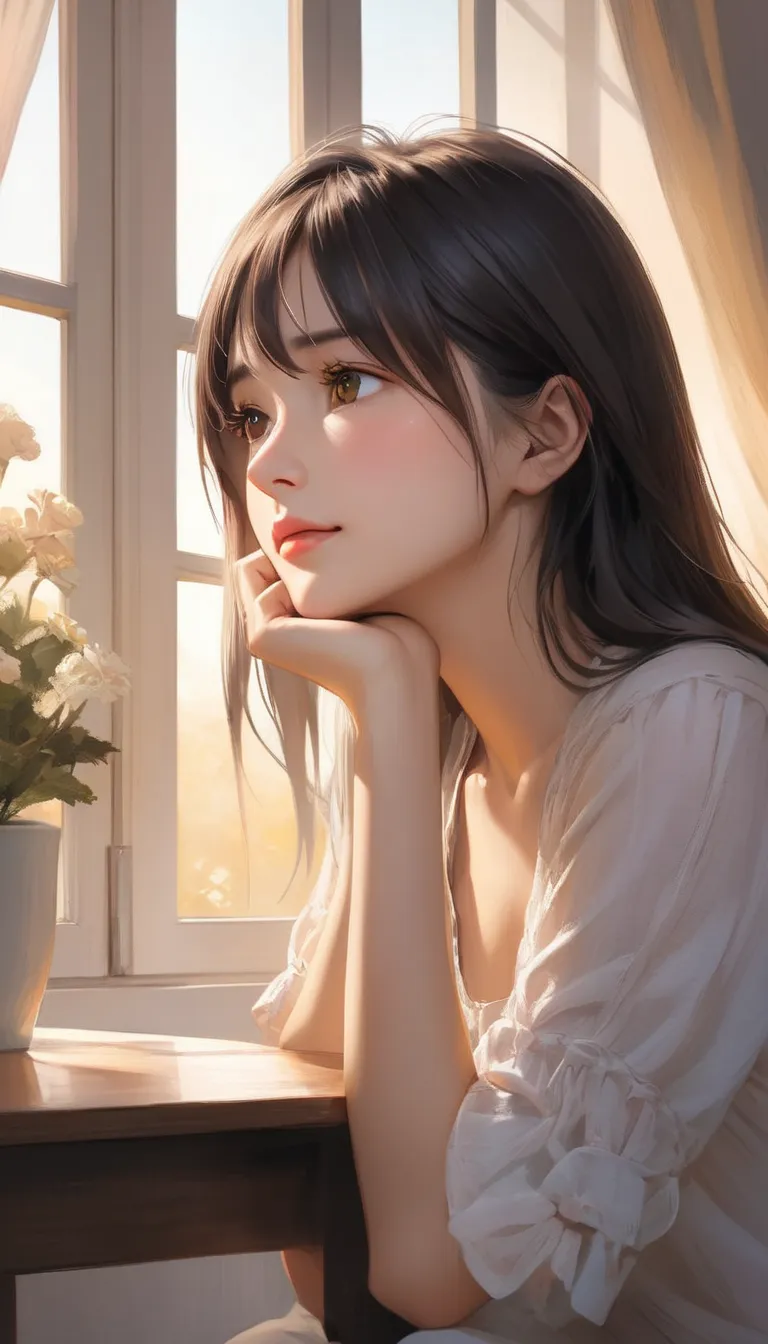 Create a detailed and emotionally expressive digital painting of a young woman lost in thought, subtly revealing her feelings for someone special. She is sitting by a window, resting her chin on her hand, her eyes filled with quiet longing and contemplatio...