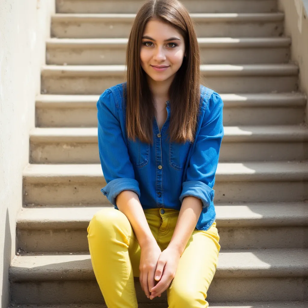 woman sits on a staircase. Has a blue blouse on. And a pair of yellow jeans. She wears sneakers in a photorealistic style,  sharp focus, very detailed, sunlight, Detail,  full body