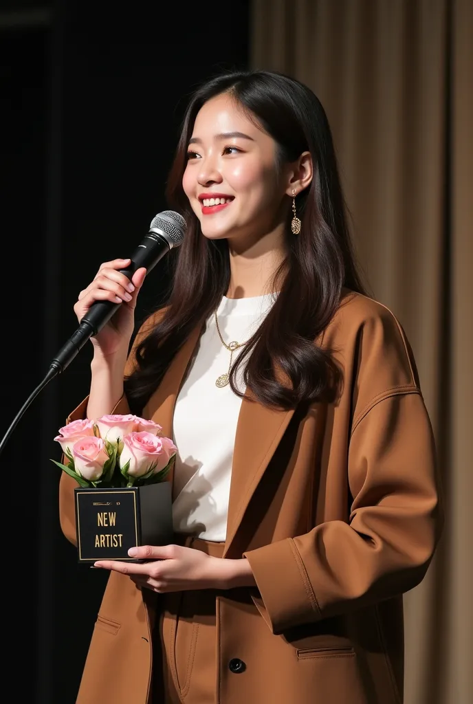 Beautiful Korean girl is at the award ceremony she stands and speaks and smiles into a microphone and in one hand she holds a black square cub  with gold writing on it  BEST NEW ARTIST in other hand beautifully packaged bouquet of pink roses in her hands s...