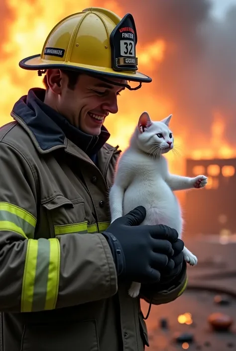 The white kitten and little cute penguin land safely in a firefighter’s strong arms. The firefighter’s uniform is covered in soot, and relief is evident in his eyes. The burning building looms in the background.