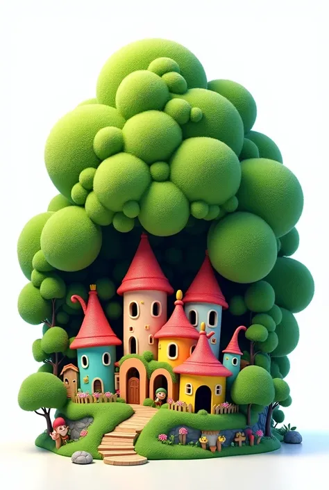 3d cartoon of a village inside a large bush with strange and fun colored houses. white background