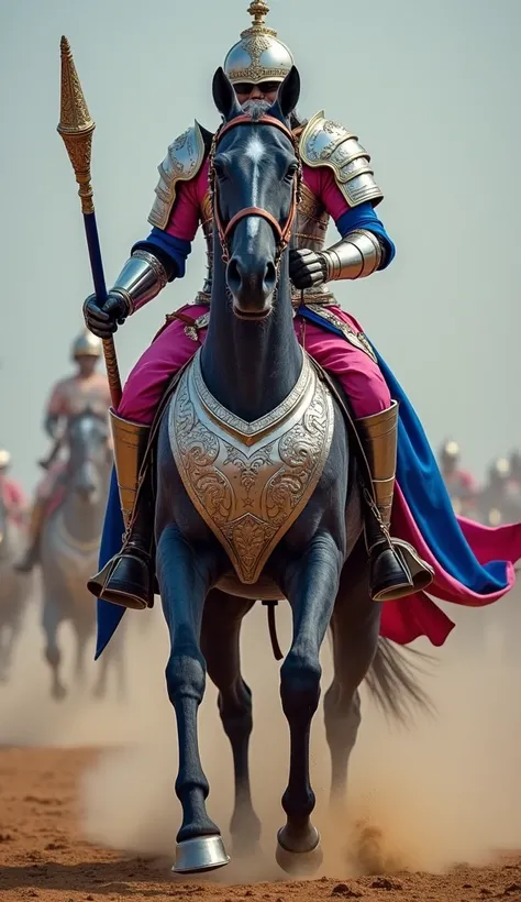 A powerful stallion, galloping forward in regal blue and pink battle armor, its silver chest plate engraved with royal motifs. The helmet resembles an ancient Rajput warrior’s crown, and a silk cape flows behind. The stallion grips a cricket bat styled lik...