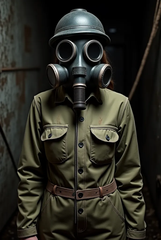 A woman with a slender waist, slightly curvy hips, and medium-to-large breasts wearing an old 1950s miner's gas mask. She is dressed in a worn-out, vintage miner's jumpsuit with the zipper fully closed. The gas mask is black and aged, featuring round glass...