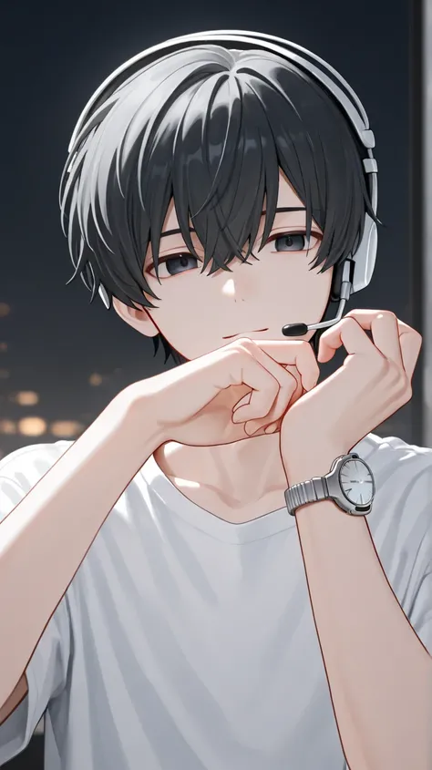 black-haired white boy, black headset, with your own hand holding the headset on your head, And a silver watch on your wrist,  Dressed in a white shirt , with a light expression of happiness ,  Dark eyes