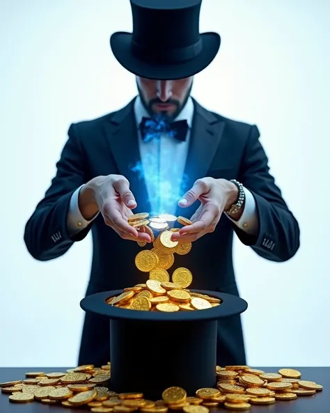 I want a magician taking gold coins out of a top hat with clear blue lights
White background, 4K, 3D how to pixar